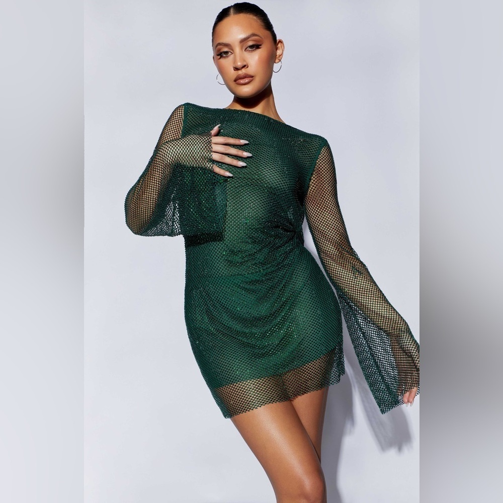 Meshki Forest Green Mesh Long-Sleeve Mini Dress